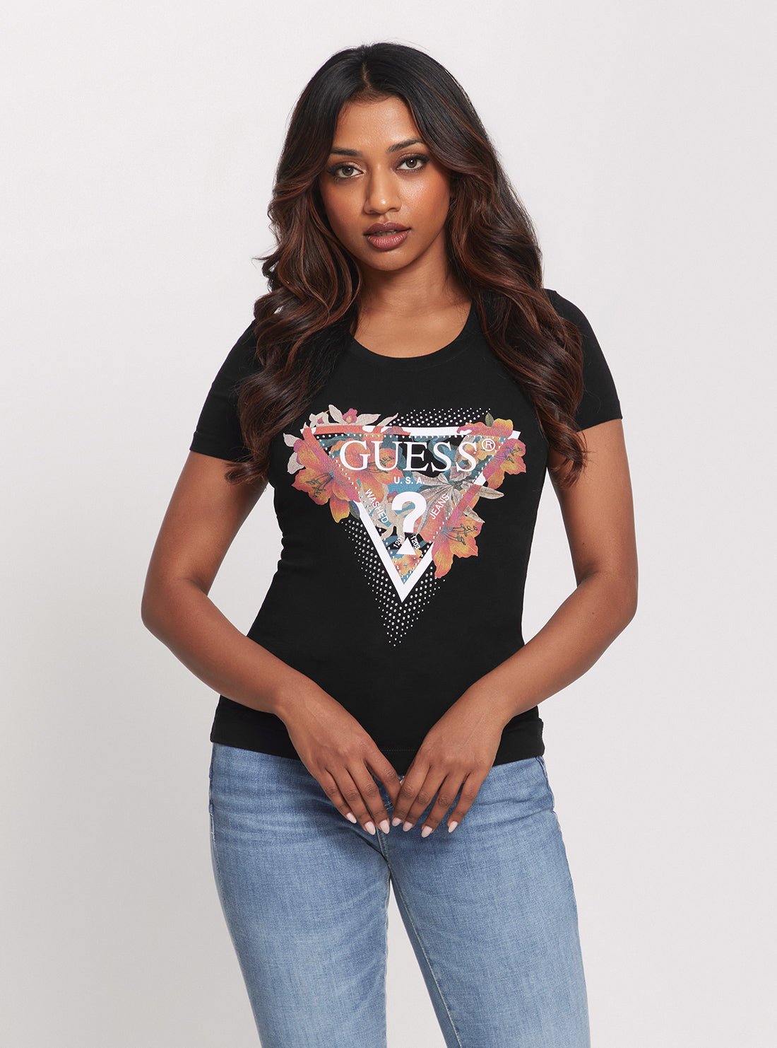 GUESS Eco Black Tropical Triangle T-Shirt front view