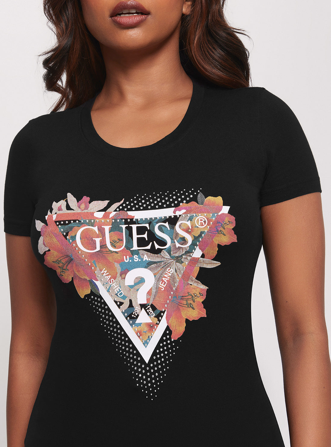 GUESS Eco Black Tropical Triangle T-Shirt detail view