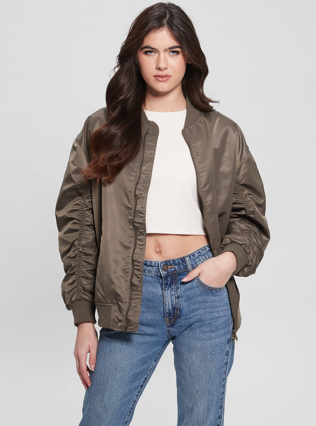 GUESS Brown Birks Oversized Bomber Jacket front view