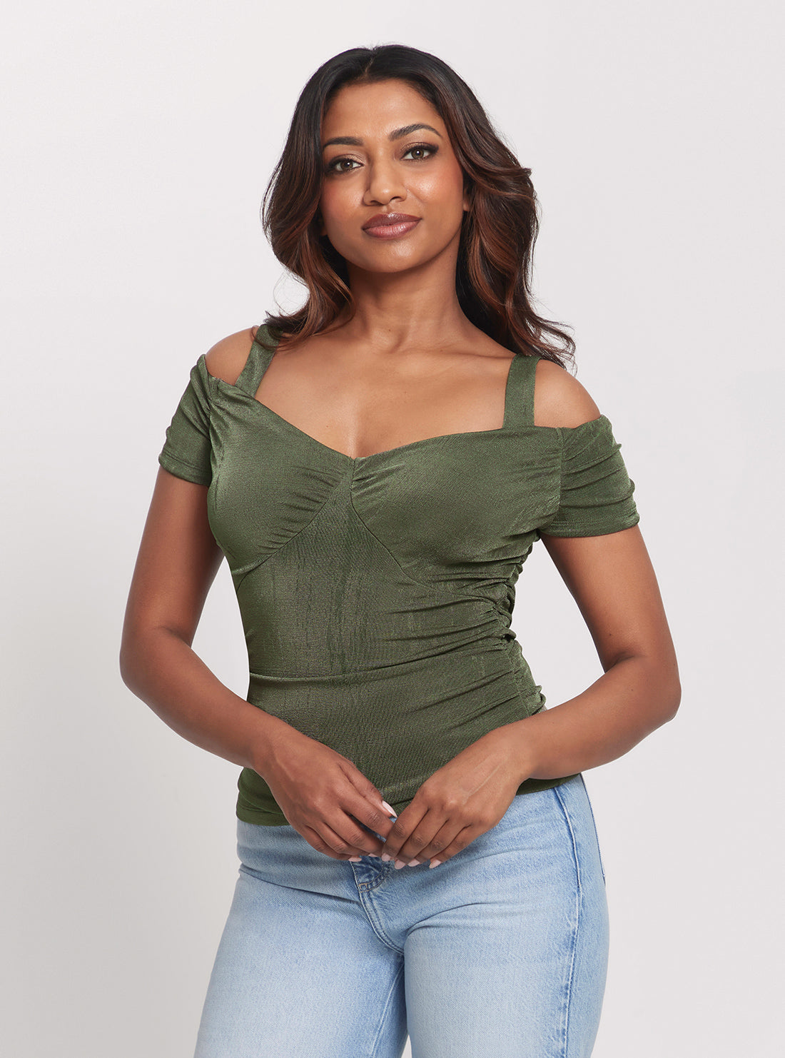 GUESS Khaki Green Emily Rib Top front view