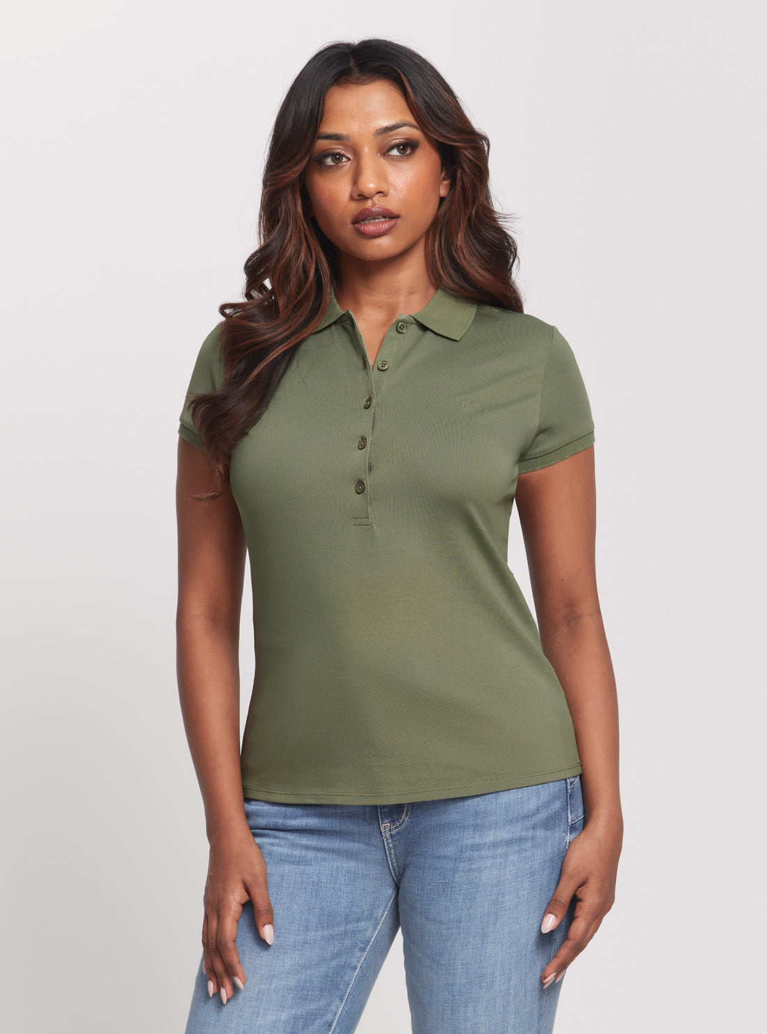 GUESS Green Khaki Liza Pique Polo T-Shirt front view