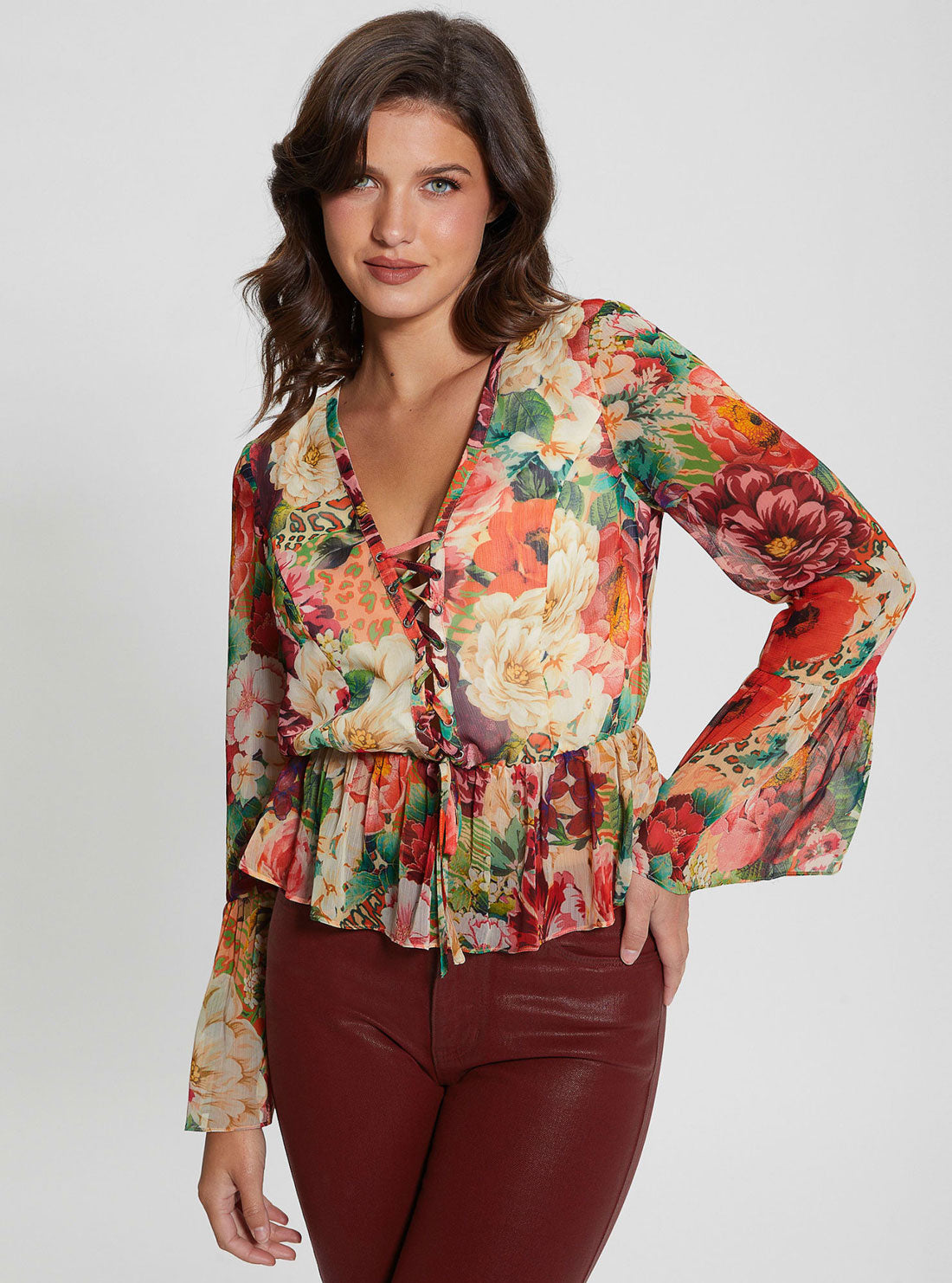 Floral Print Long Sleeve Demi Top front view