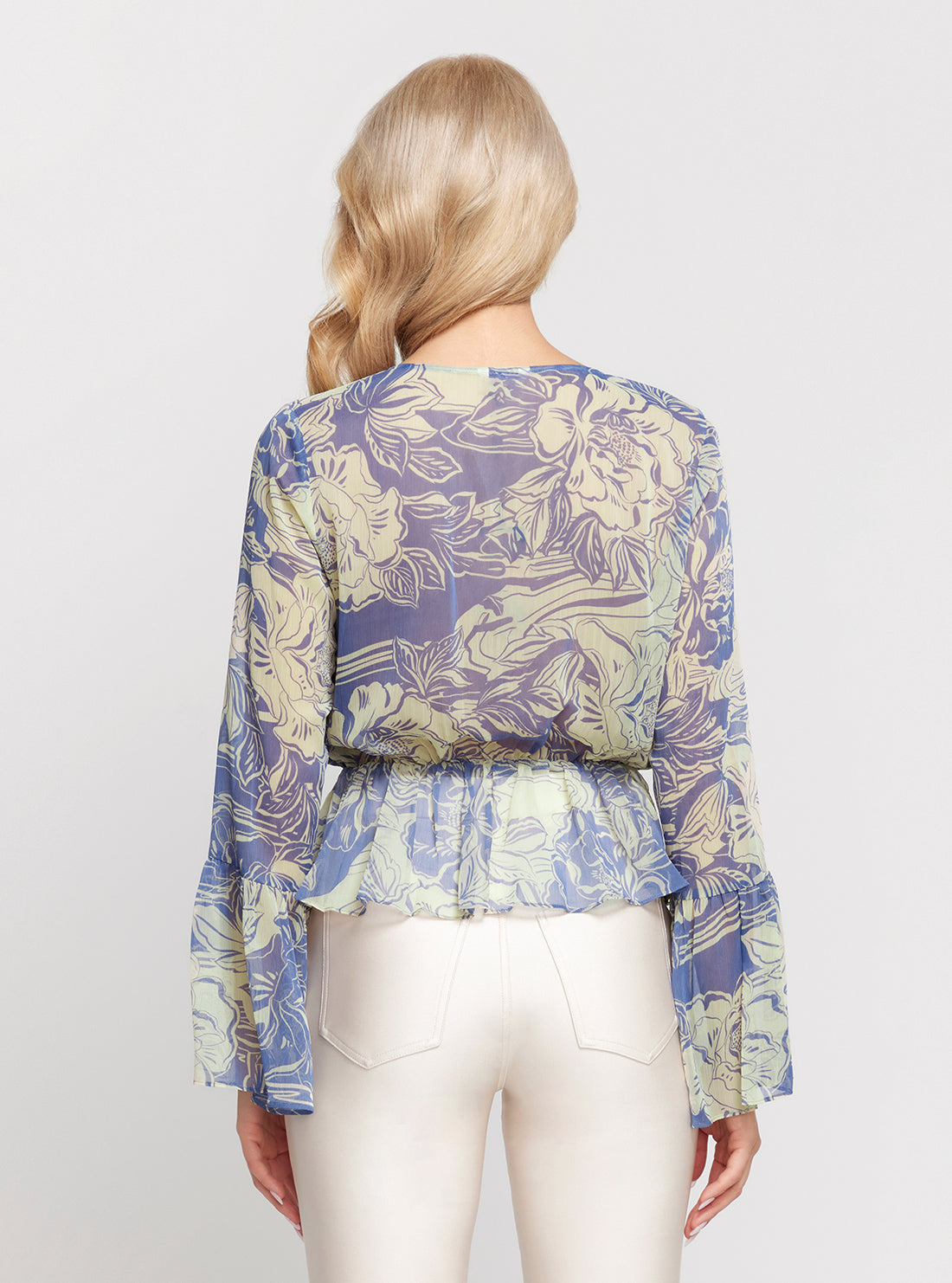 GUESS Blue Floral Print Long Sleeve Demi Top back view