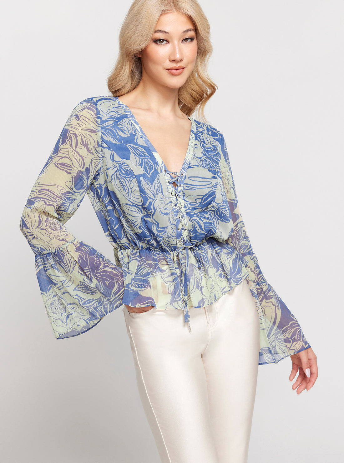 GUESS Blue Floral Print Long Sleeve Demi Top detail view