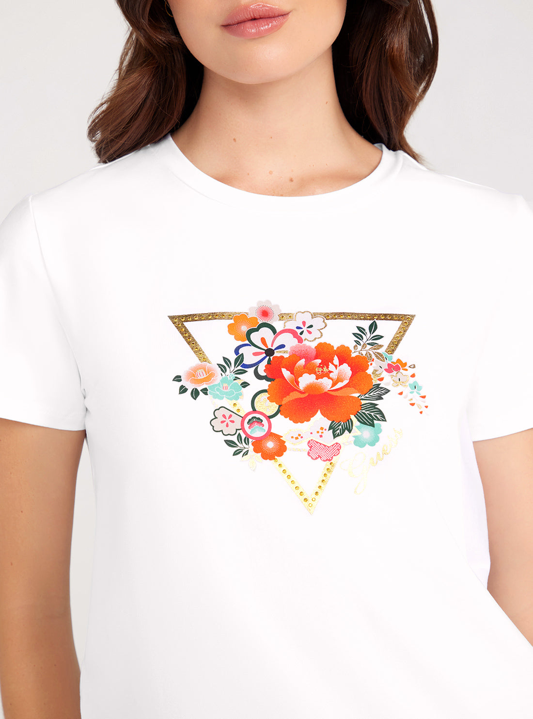 GUESS White Short Sleeve Flower Logo Easy Tee detail view