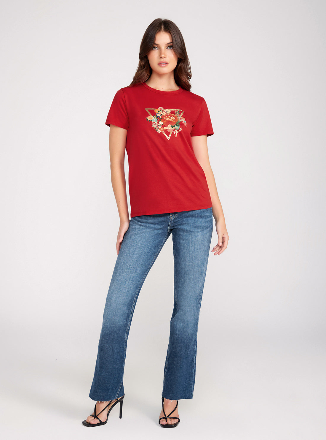 GUESS Red Short Sleeve Flower Logo Easy Tee full view