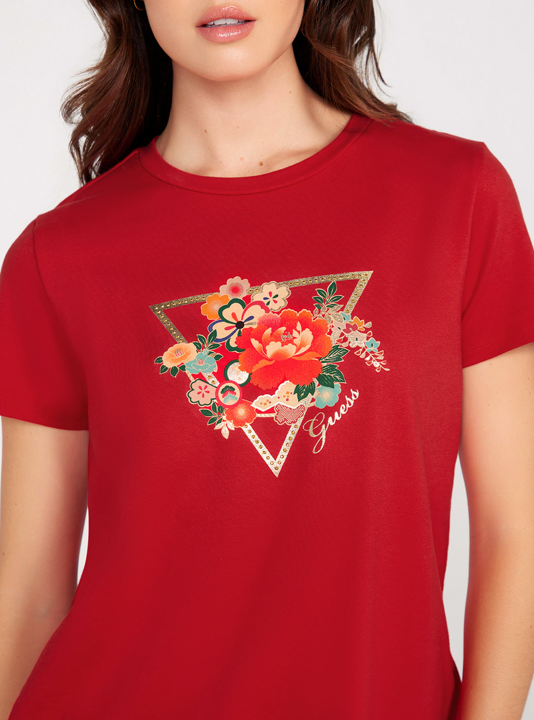 GUESS Red Short Sleeve Flower Logo Easy Tee detail view