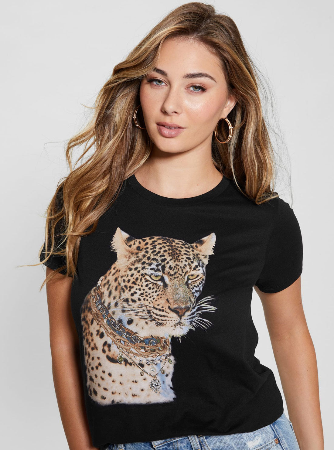 GUESS Black Short Sleeve Leopard Jewel T-Shirt detail view