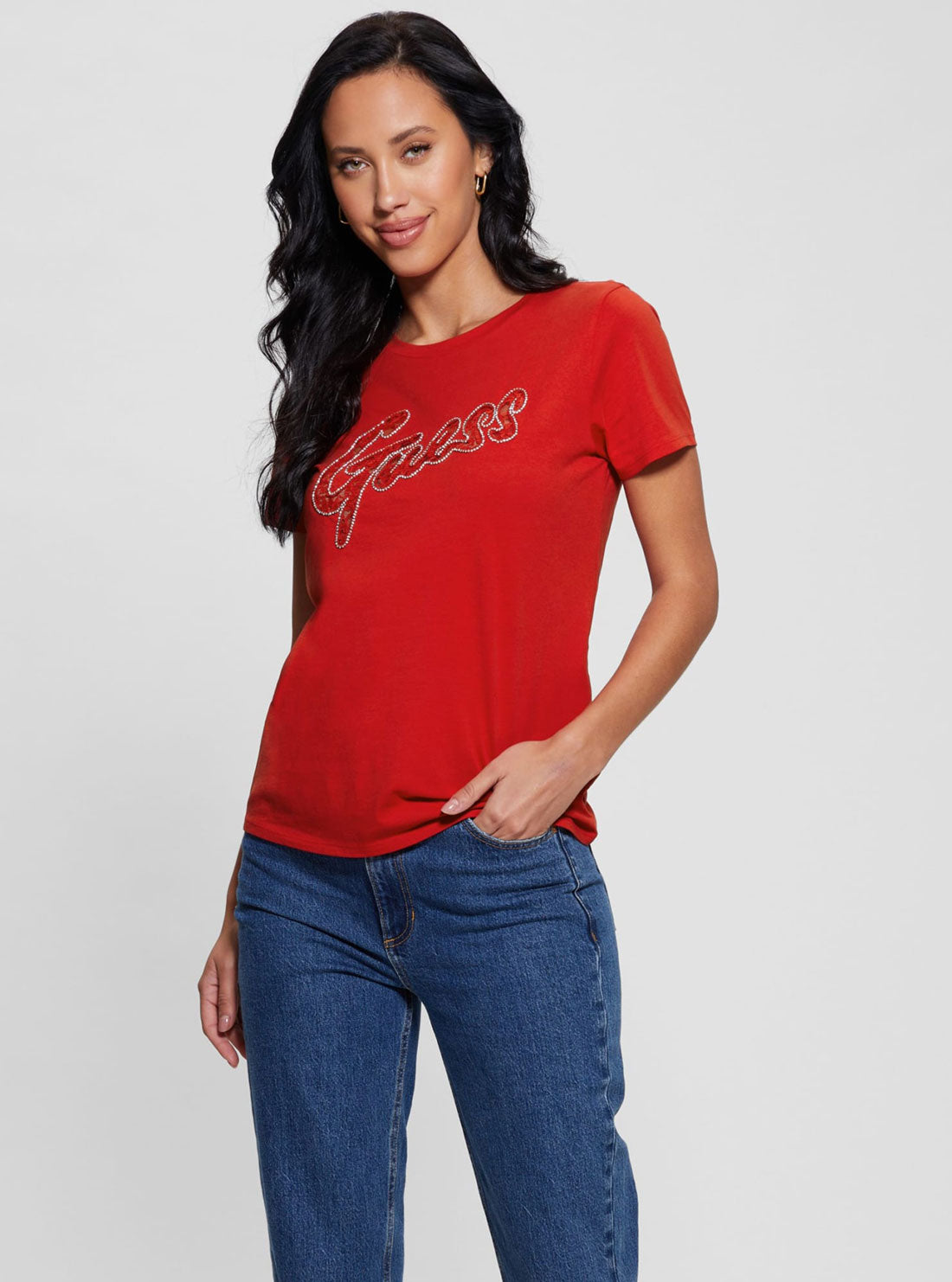 GUESS Red Short Sleeve Lace Logo T-Shirt front view