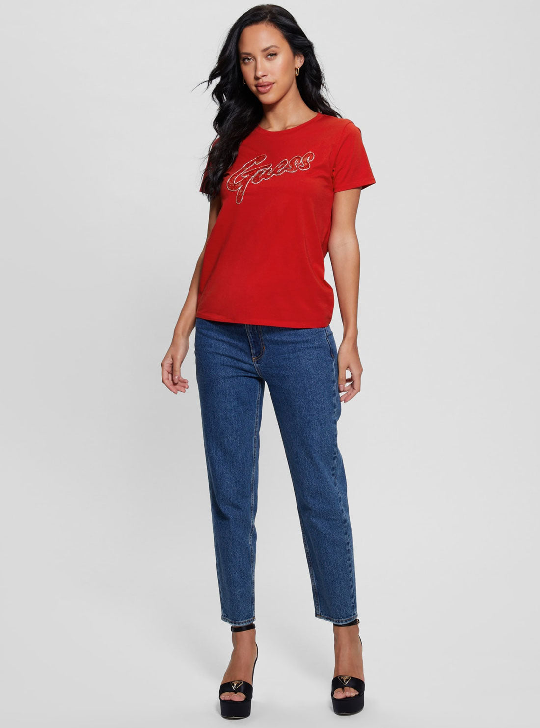 GUESS Red Short Sleeve Lace Logo T-Shirt full view