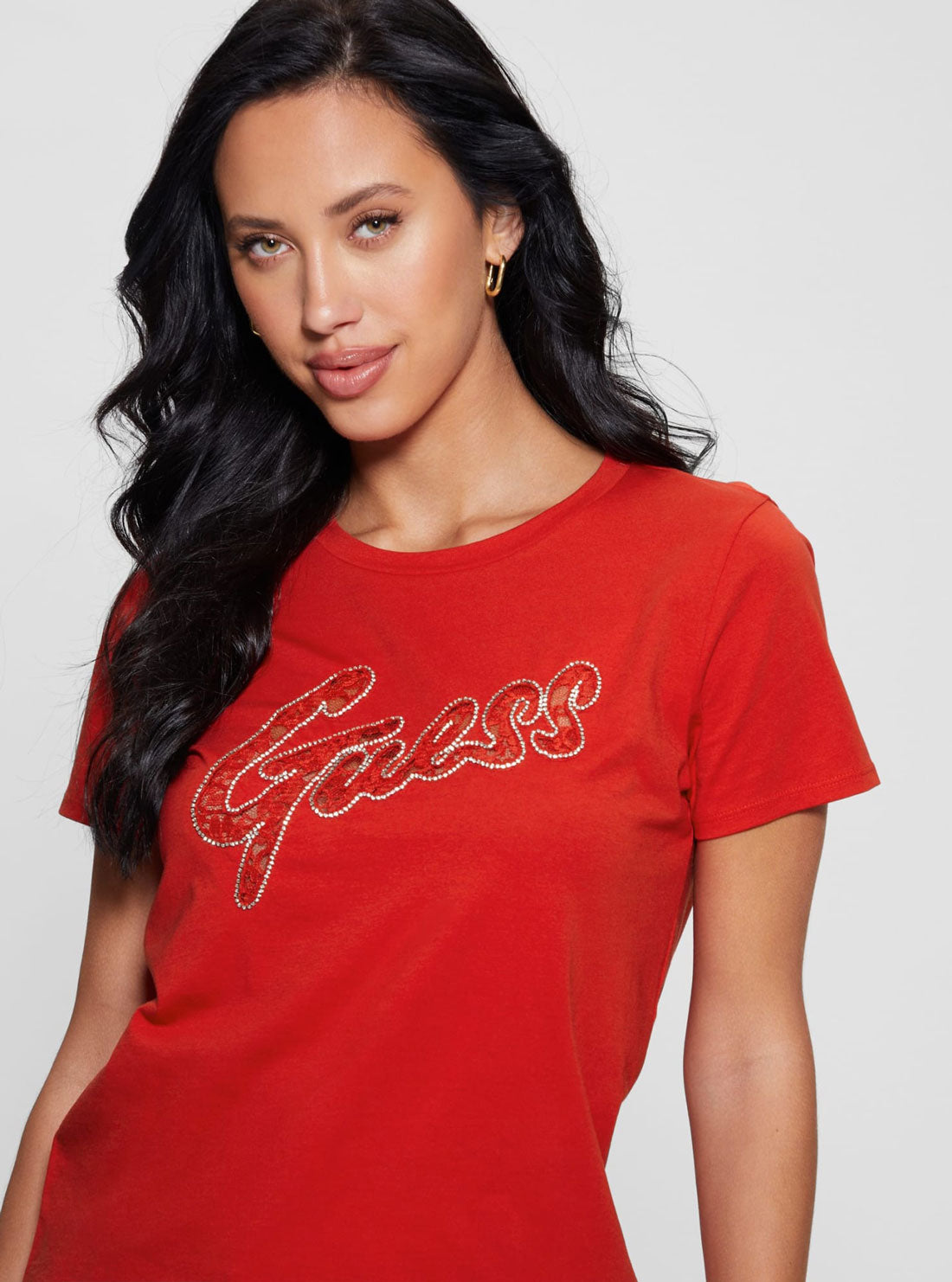 GUESS Red Short Sleeve Lace Logo T-Shirt detail view