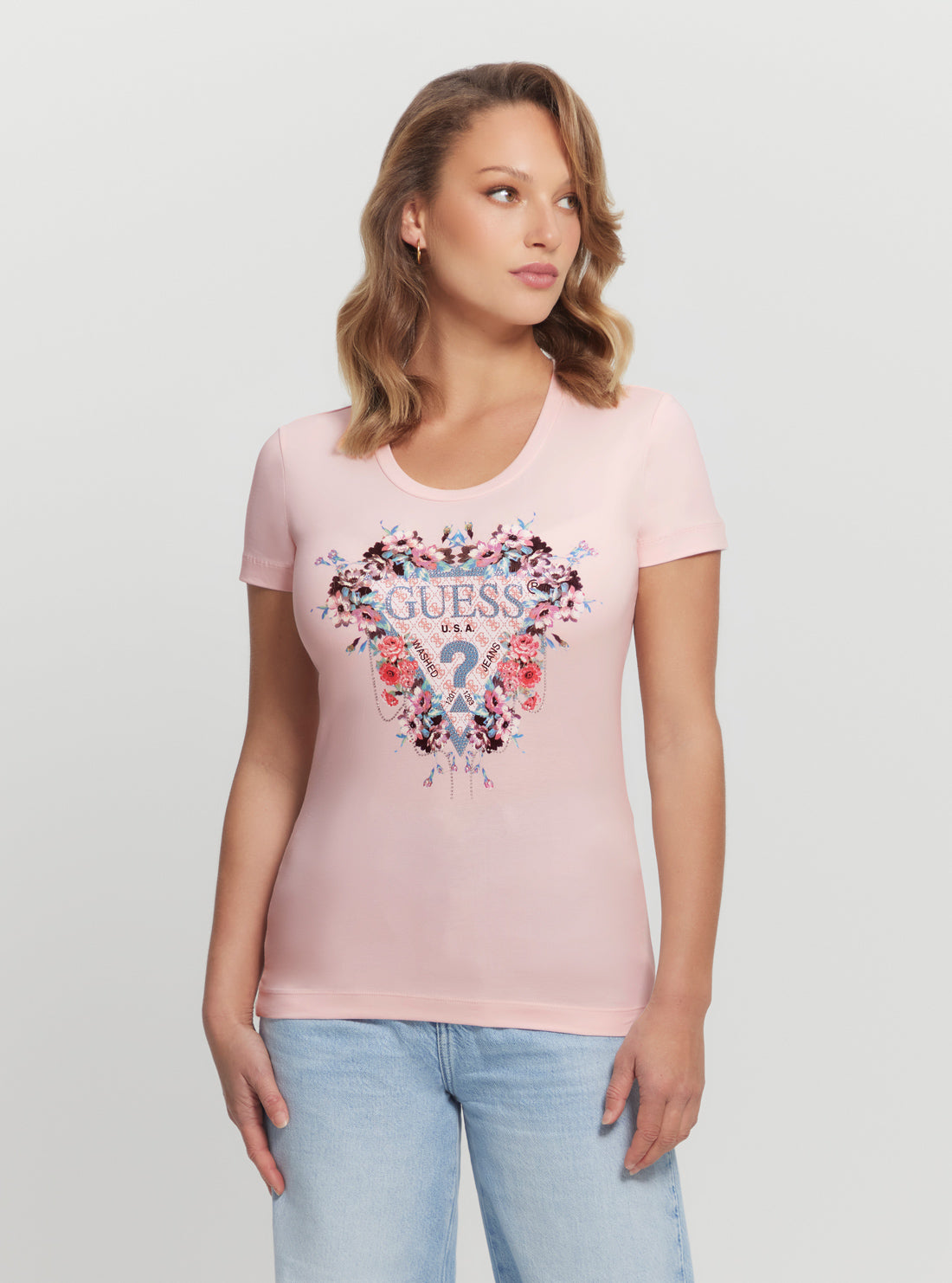 GUESS Pink Flowers Triangle T-Shirt  front view