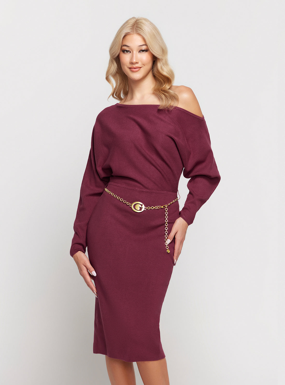 GUESS Dark Red Raven Long Sleeve Off Shoulder Midi Dress front view