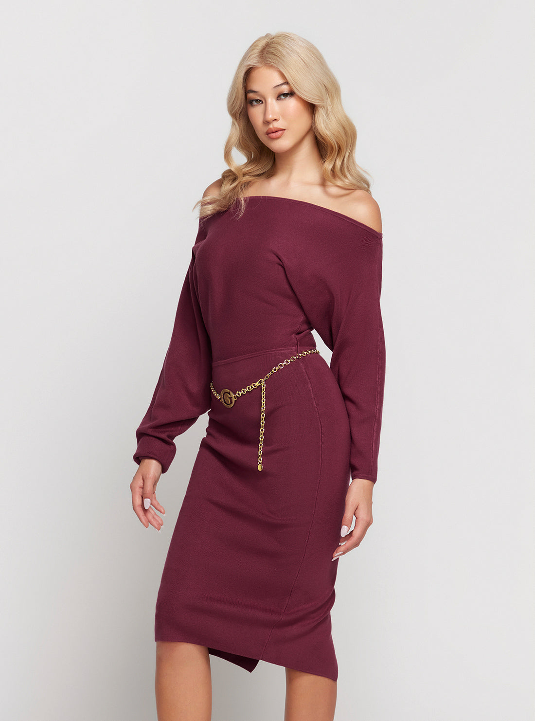 GUESS Dark Red Raven Long Sleeve Off Shoulder Midi Dress side view