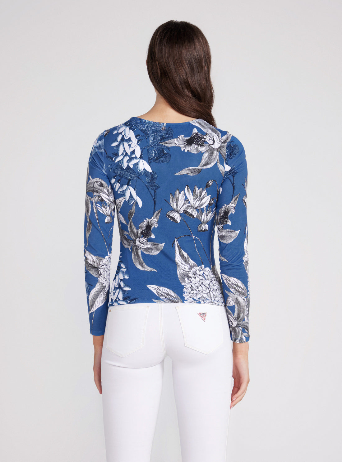 GUESS Blue Floral Print Dianna Long Sleeve Top back view