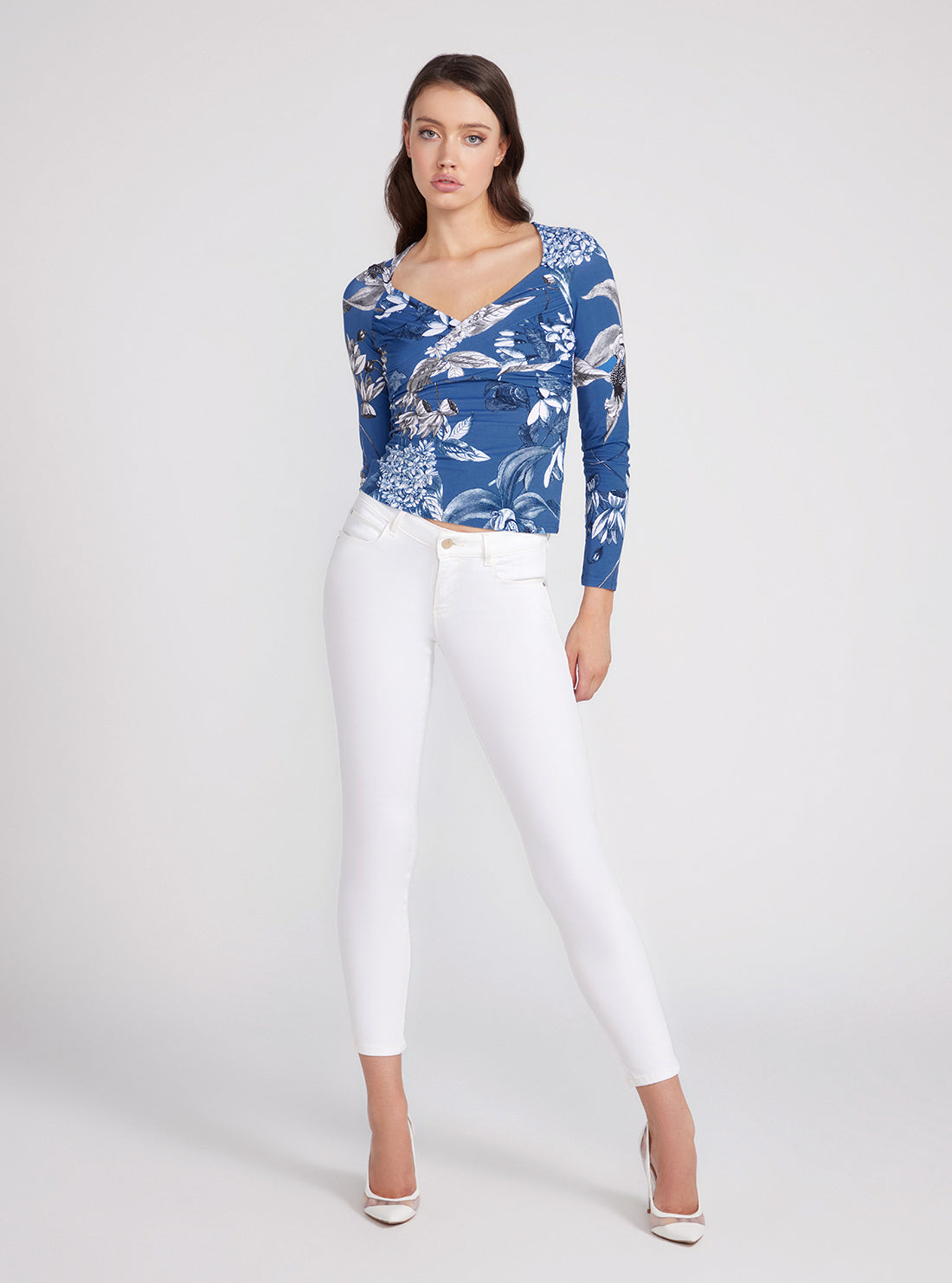GUESS Blue Floral Print Dianna Long Sleeve Top full view