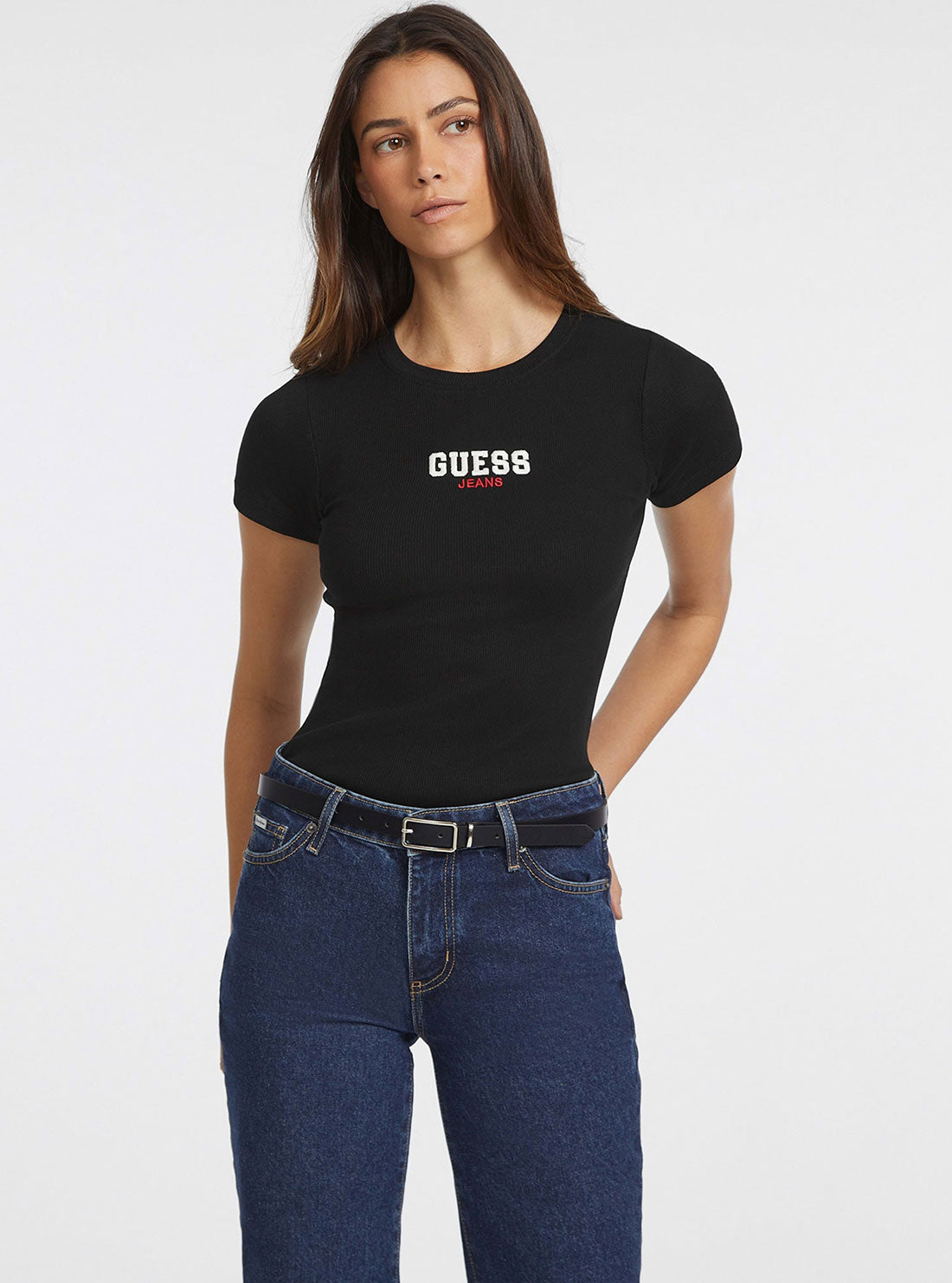 Guess Jeans Black Ribbed T-Shirt front view