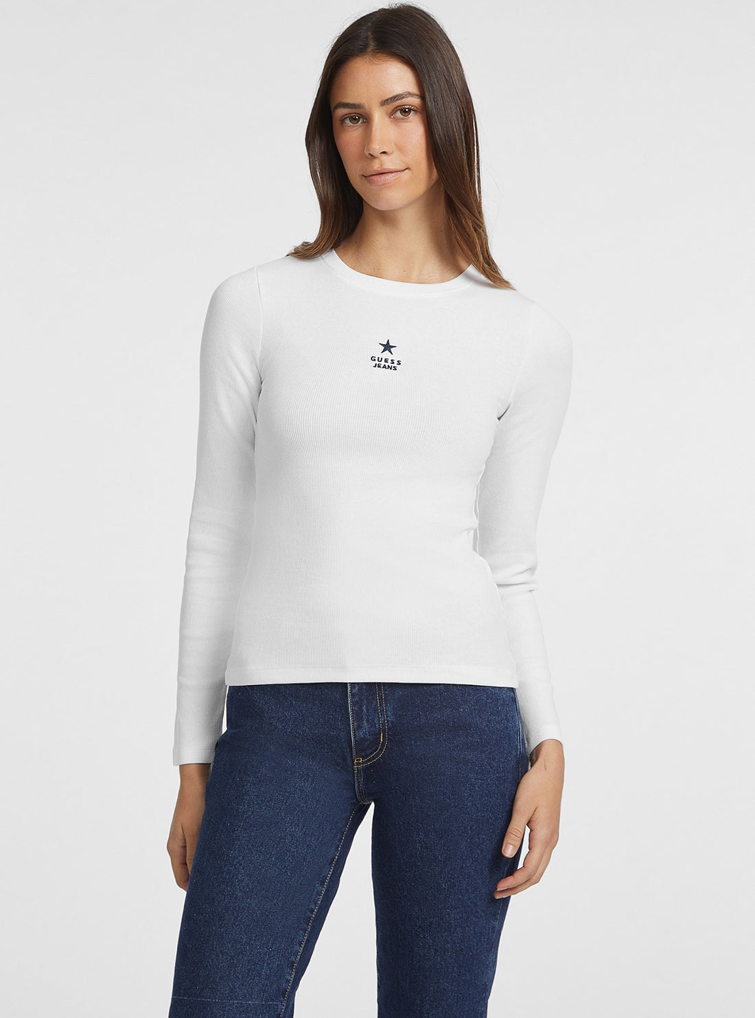 Guess Jeans White Long Sleeve Star T-Shirt front view