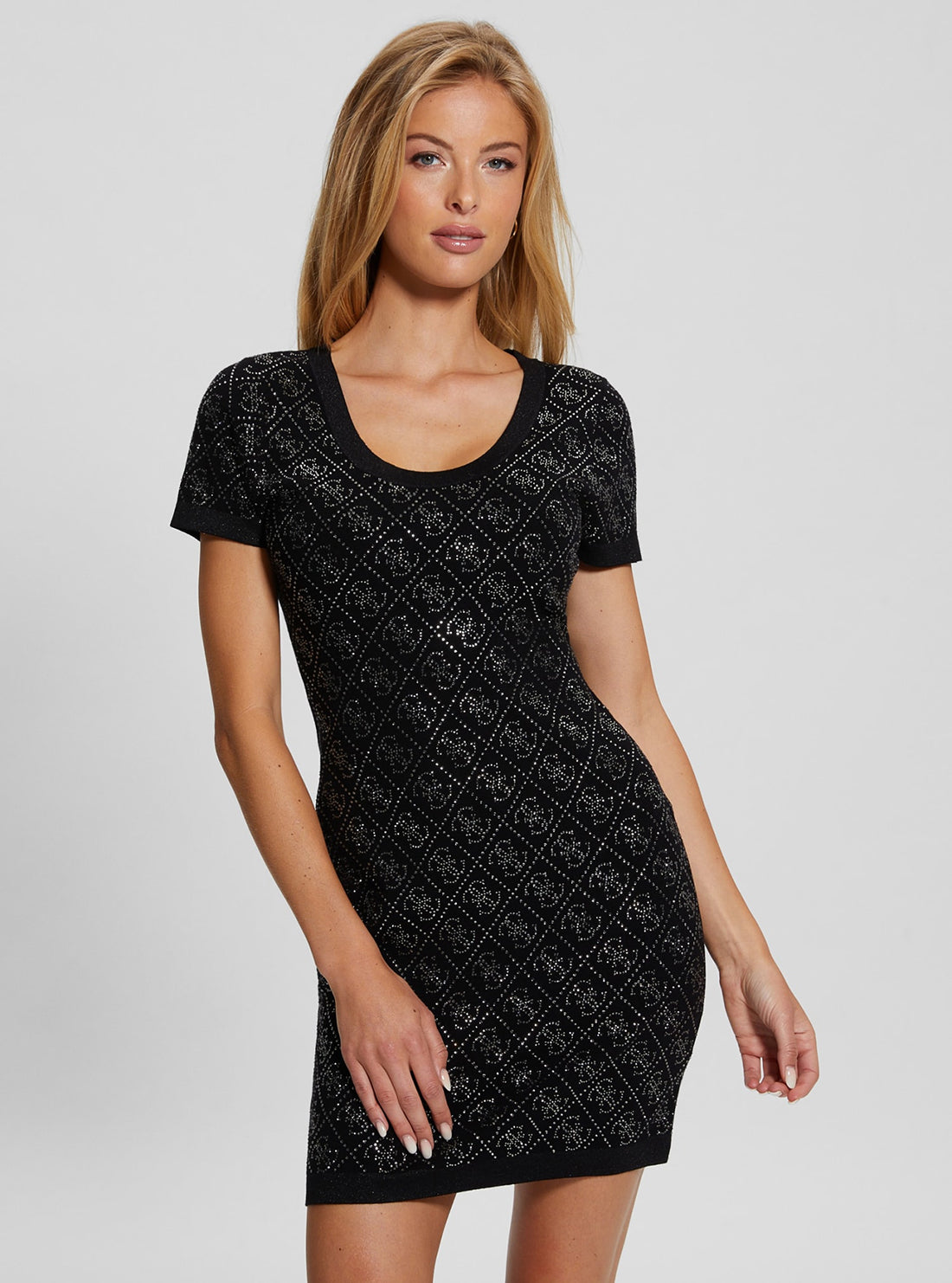 GUESS Black Paige 4G Logo Knit Mini Dress front view