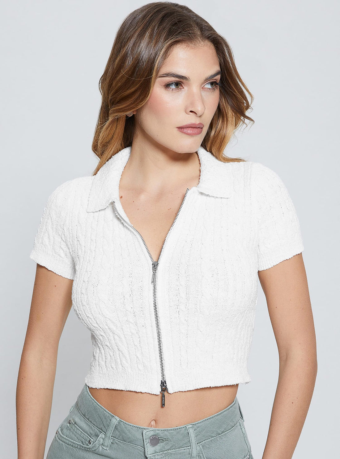 GUESS White Two Way Zip Kora Knit Top front view