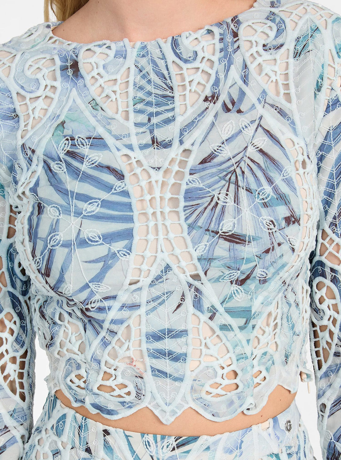 GUESS Womens Blue Long Sleeve Anastasia Lace Top W5GH0TWHAD2  Detail View