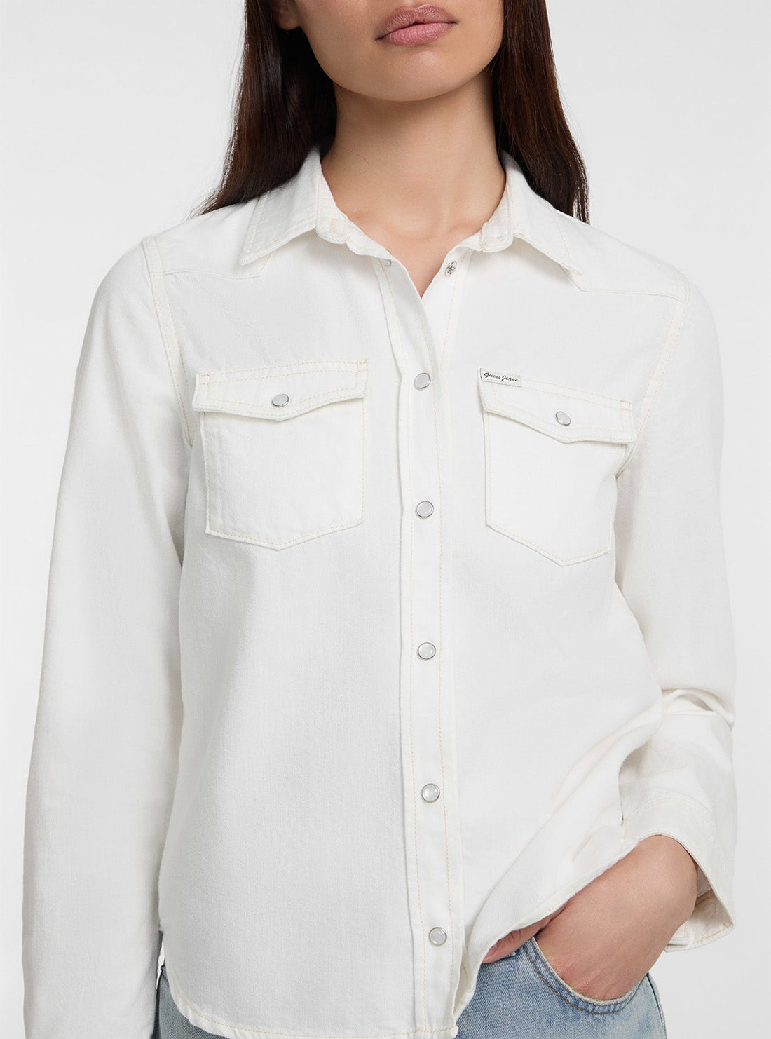 Guess Jeans White Slim Denim Twill Shirt W5GH35D5NW1 Front Detail View