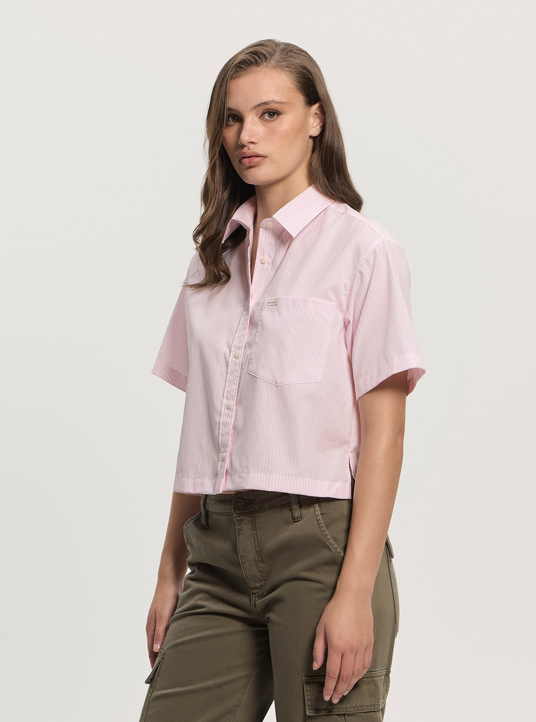 Guess Jeans Eco Pink Striped Boxy Poplin Shirt W5GH98WH7Q1 Side View