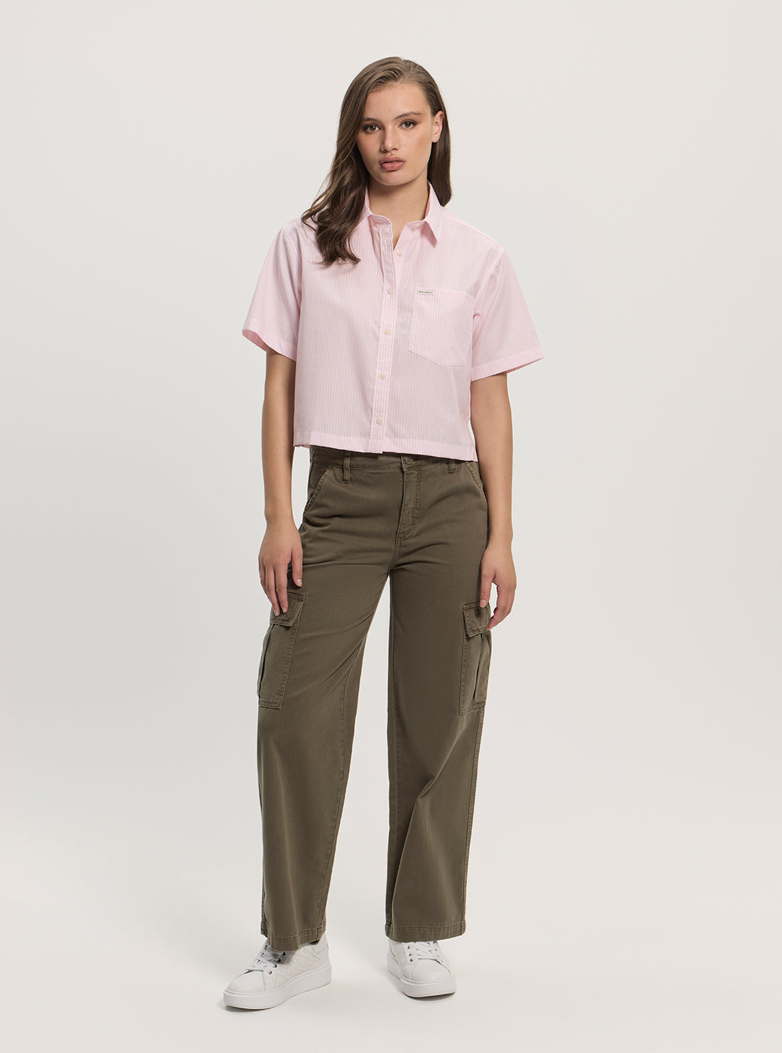 Guess Jeans Eco Pink Striped Boxy Poplin Shirt W5GH98WH7Q1 Full View