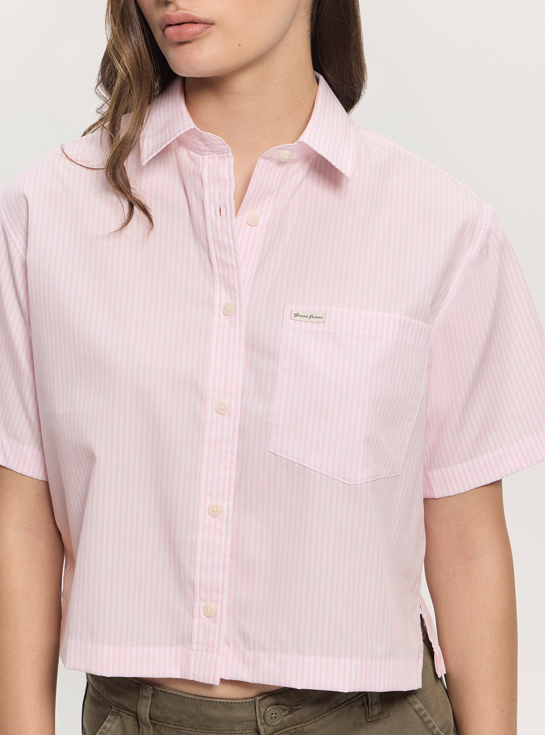 Guess Jeans Eco Pink Striped Boxy Poplin Shirt W5GH98WH7Q1 Detail View