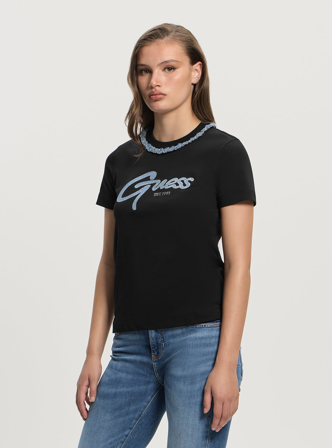 GUESS Womens Black Jean Chain T-Shirt W5GI03I3Z14 Front Side View
