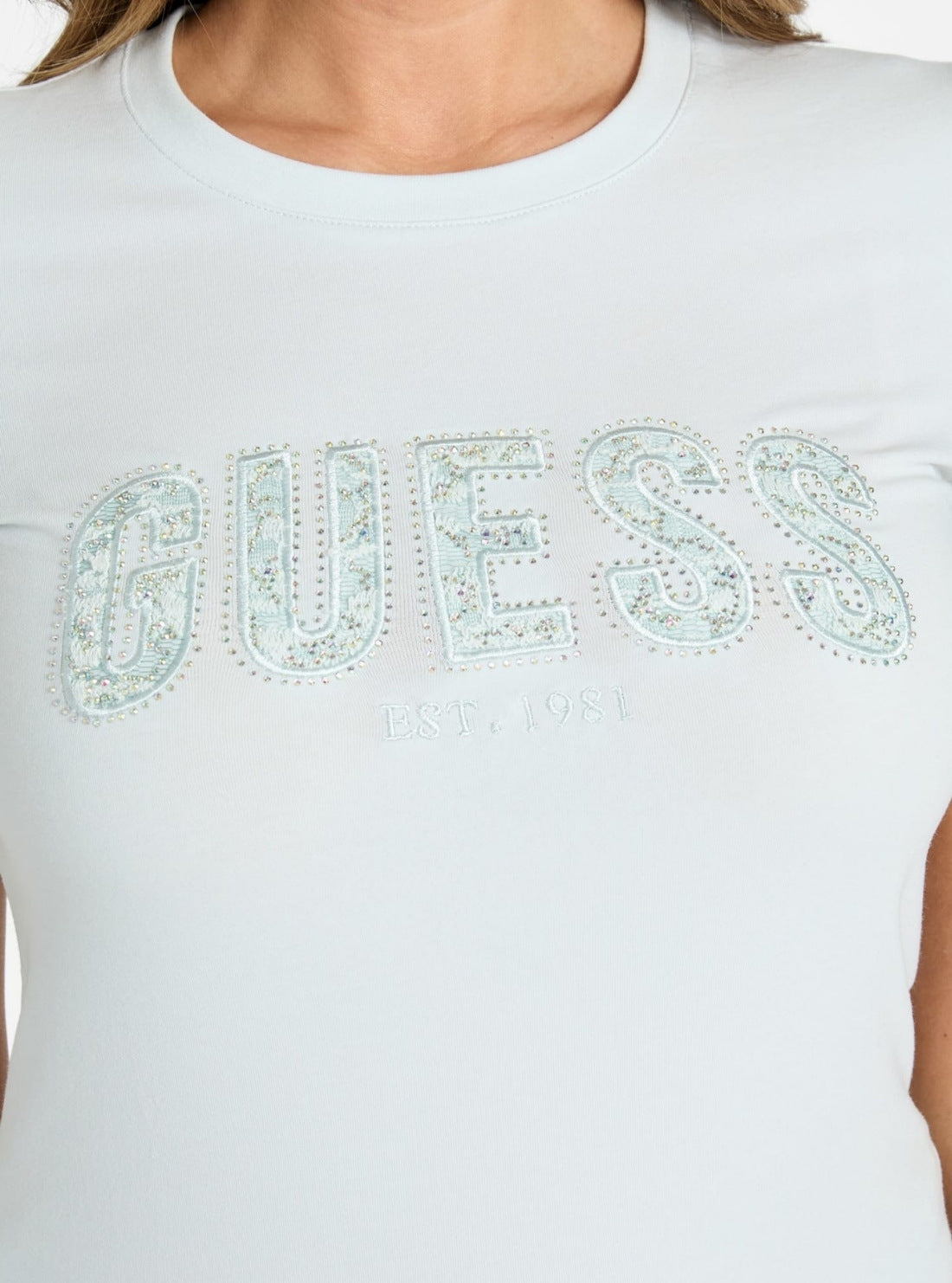 GUESS Womens Blue Crew Neck Logo Lace T-Shirt W5GI04J1314 Detail View