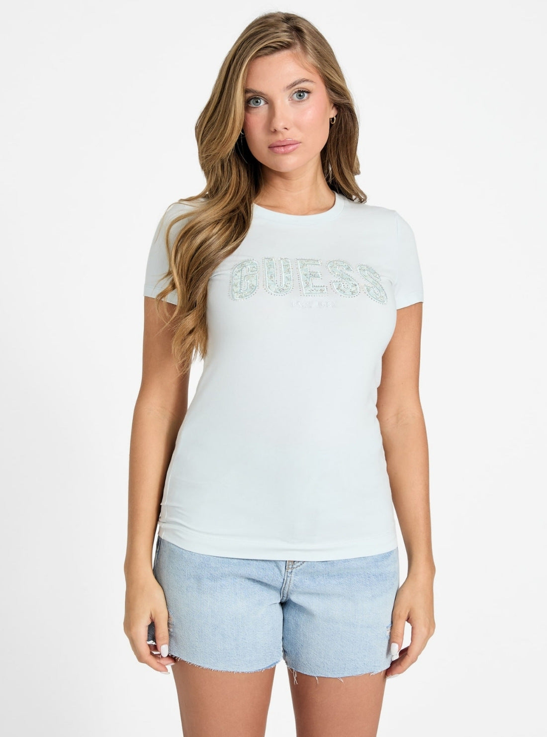 GUESS Womens Blue Crew Neck Logo Lace T-Shirt W5GI04J1314 Front View
