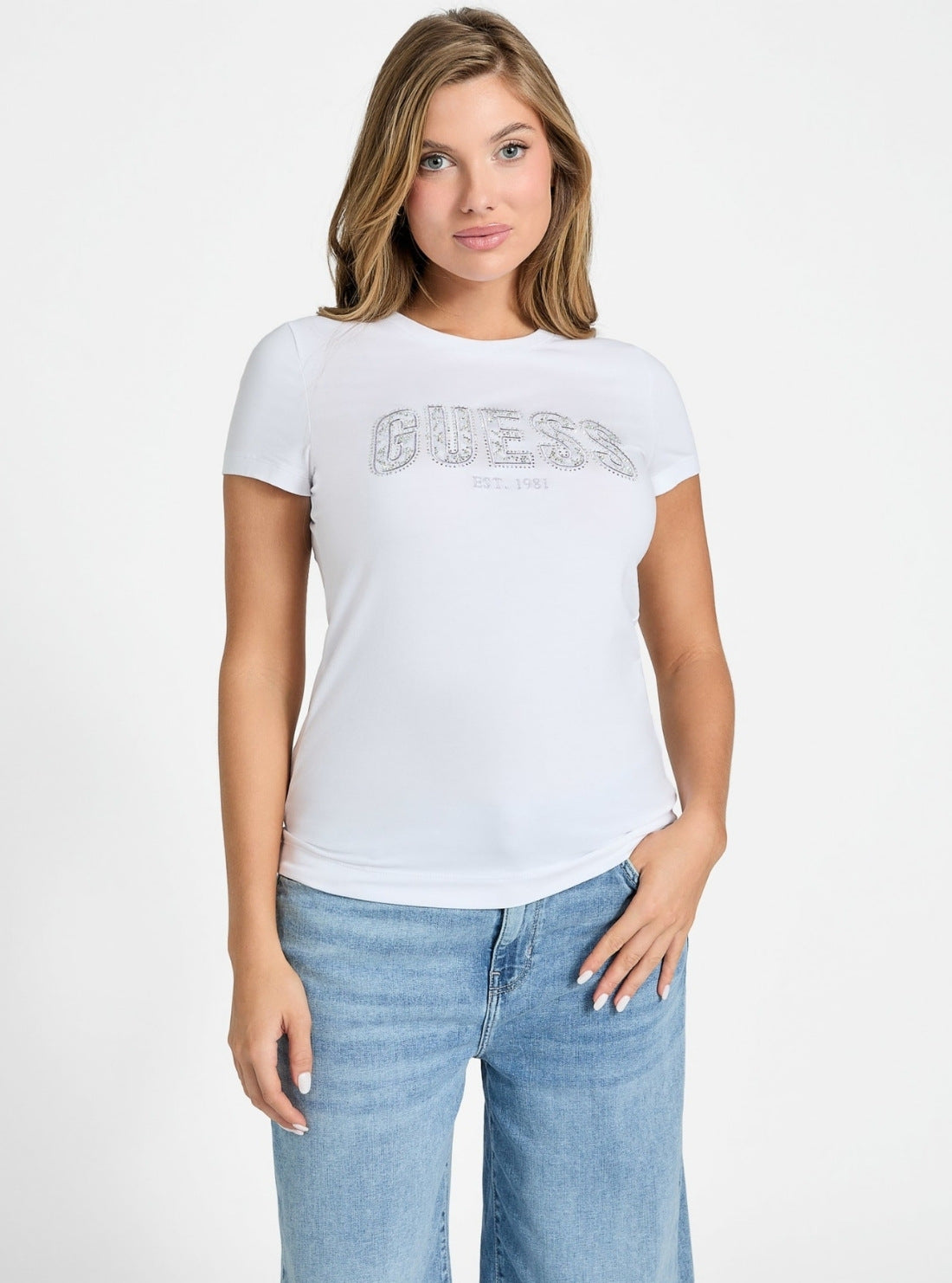 GUESS Womens White Crew Neck Logo Lace T-Shirt W5GI04J1314 Front View