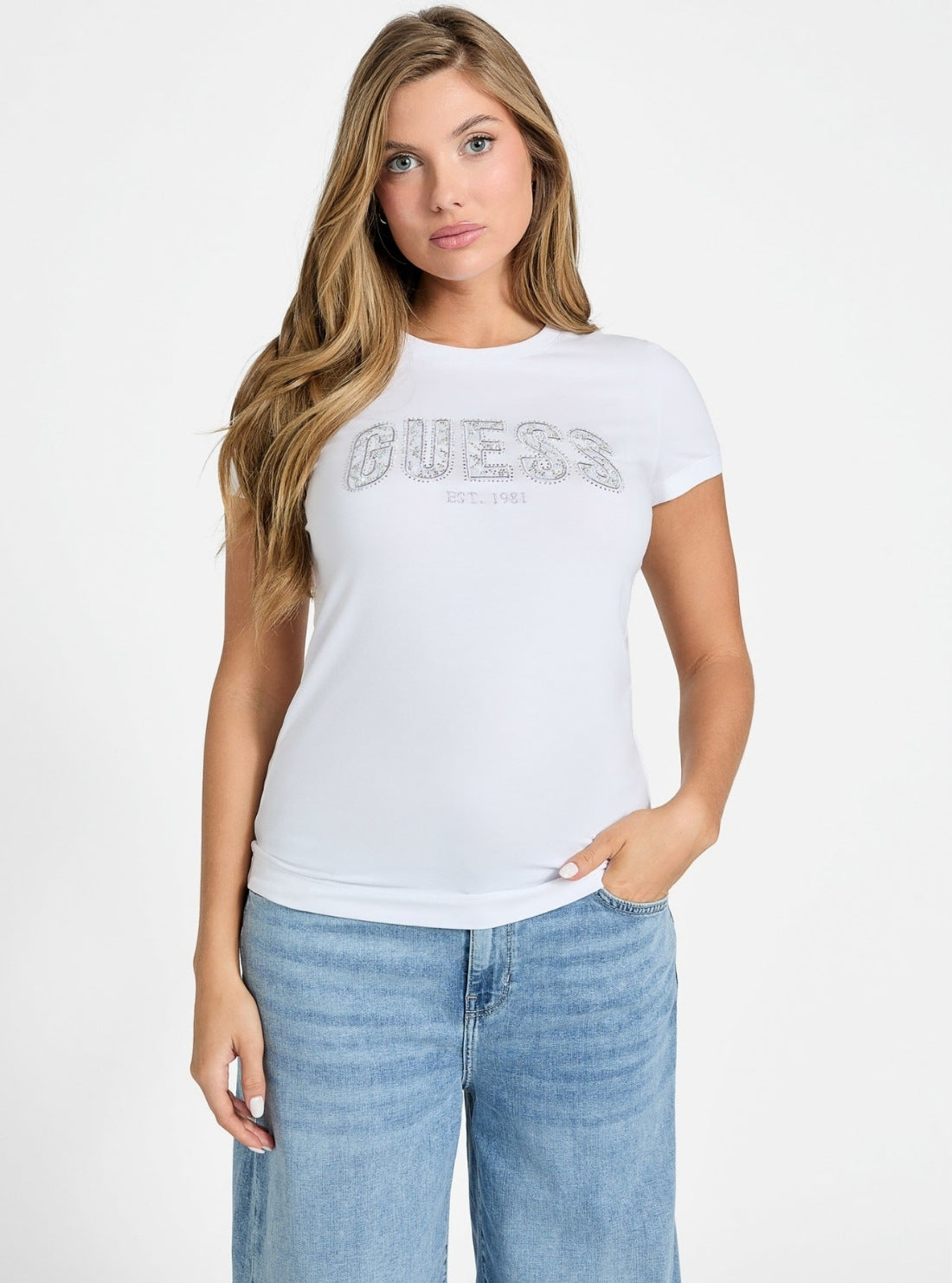 GUESS Womens White Crew Neck Logo Lace T-Shirt W5GI04J1314 Front Side View