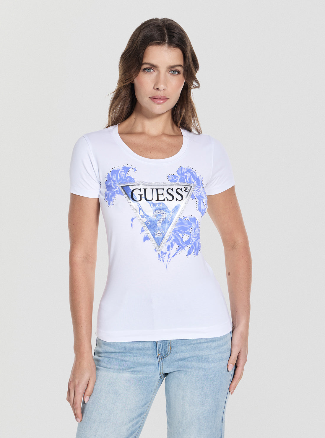 GUESS Womens White Slim-Fit Triangle Logo T-Shirt W5GI08J1314 Front View