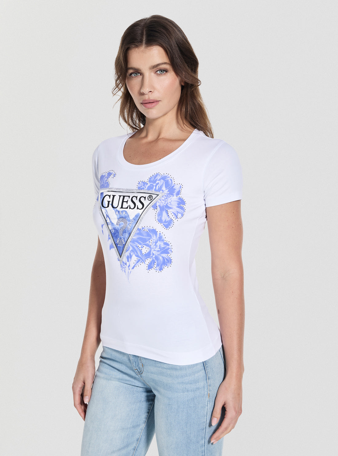 GUESS Womens White Slim-Fit Triangle Logo T-Shirt W5GI08J1314 Side View