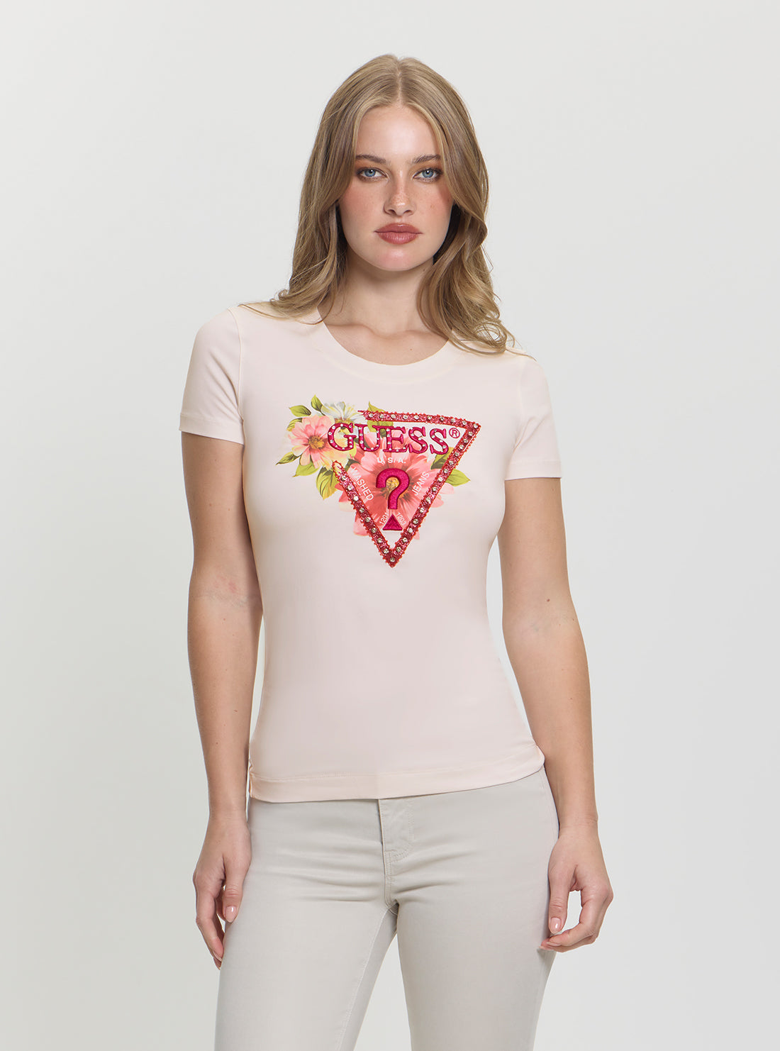 GUESS Womens White Triangle Logo Beads T-Shirt W5GI10J1314 Front View