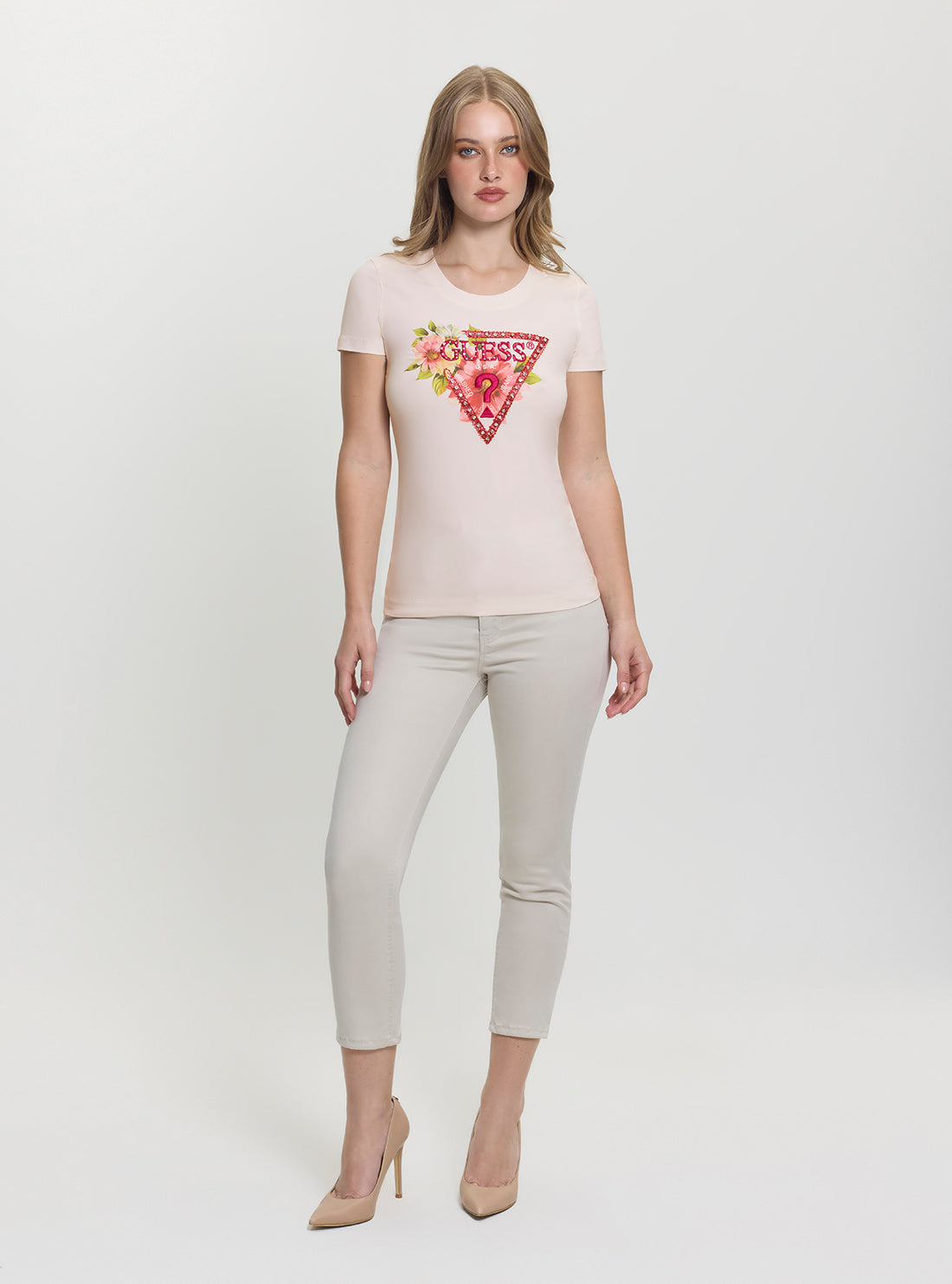 GUESS Womens White Triangle Logo Beads T-Shirt W5GI10J1314 Full View