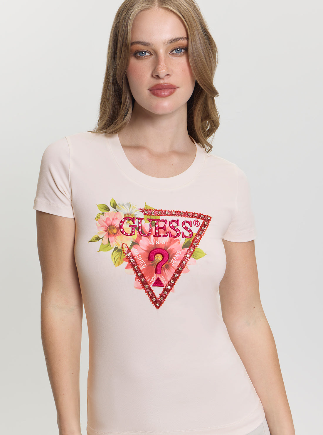 GUESS Womens White Triangle Logo Beads T-Shirt W5GI10J1314 Detail View