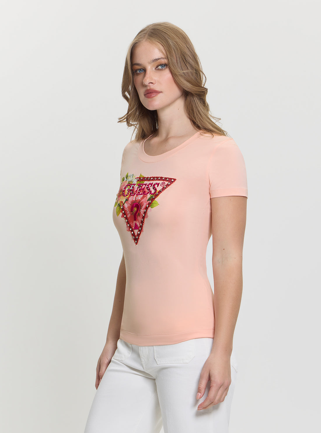 GUESS Womens Pink Triangle Logo Beads T-Shirt W5GI10J1314 Side View