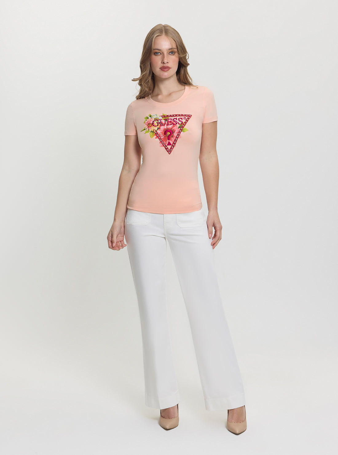 GUESS Womens Pink Triangle Logo Beads T-Shirt W5GI10J1314 Full View