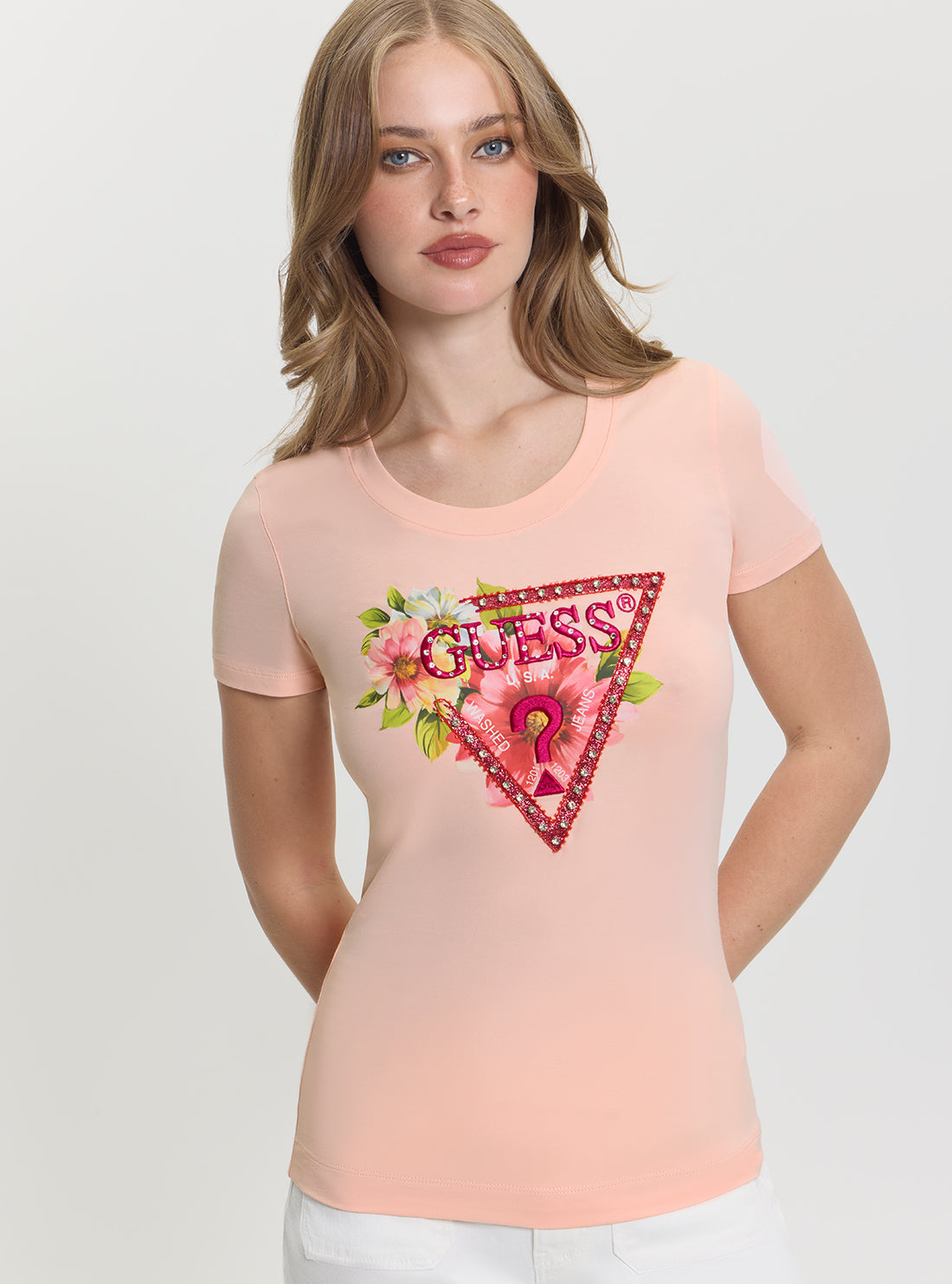 GUESS Womens Pink Triangle Logo Beads T-Shirt W5GI10J1314 Detail View
