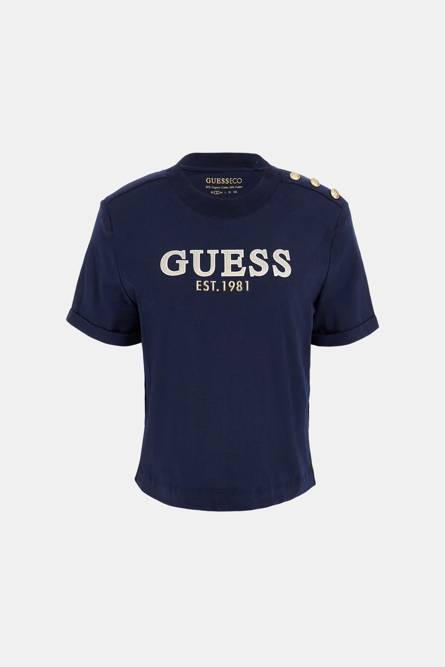 GUESS Womens Blue Metal Logo Cropped T-shirt W5GI15K8FQ4 Mannequin View