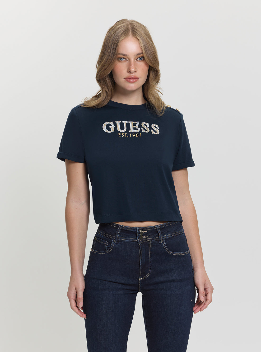 GUESS Womens Blue Metal Logo Cropped T-shirt W5GI15K8FQ4 Front View