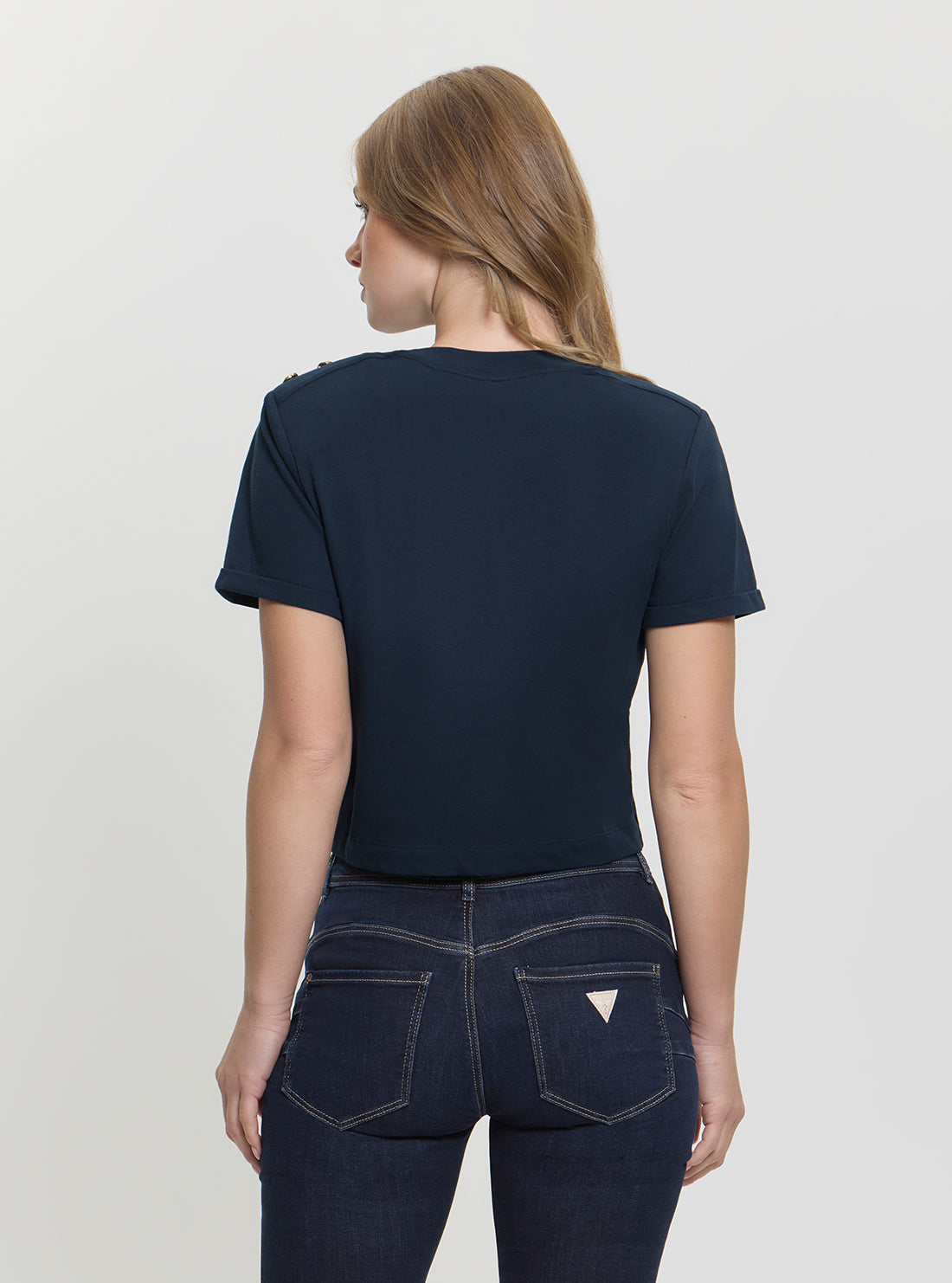 GUESS Womens Blue Metal Logo Cropped T-shirt W5GI15K8FQ4 Back View