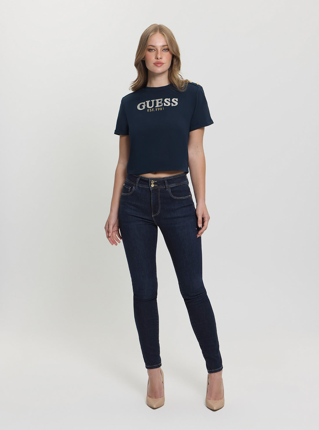GUESS Womens Blue Metal Logo Cropped T-shirt W5GI15K8FQ4 Full View