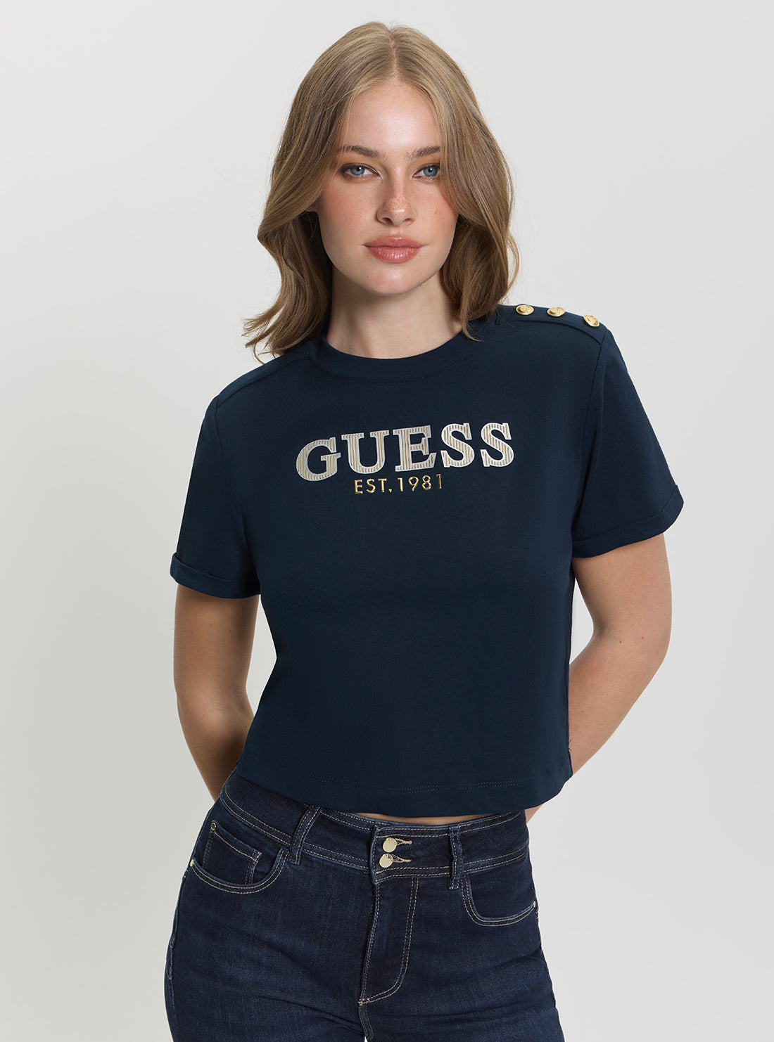 GUESS Womens Blue Metal Logo Cropped T-shirt W5GI15K8FQ4 Detail View