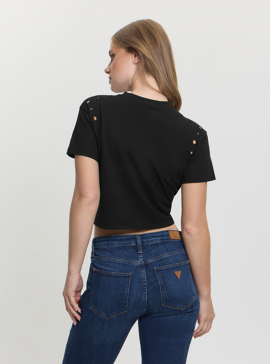 Black Cropped Eyelet Boxy Logo T-Shirt