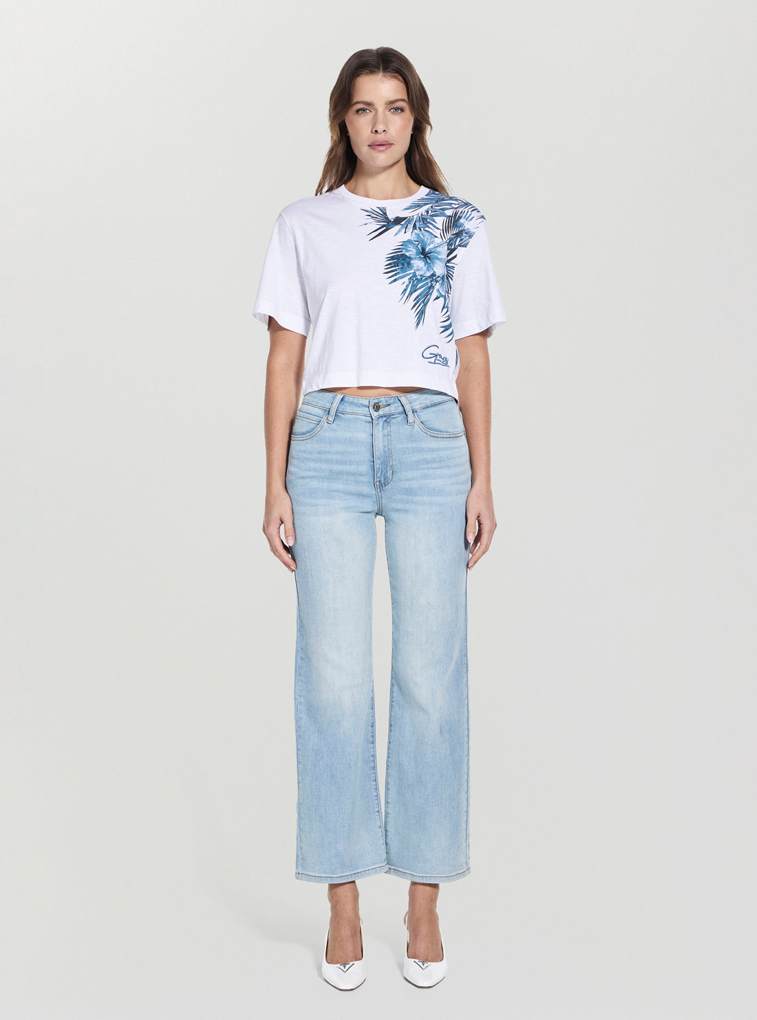 GUESS Womens Blue Palm Print Boxy Cropped T-Shirt W5GI19K6XN4 Full View_2