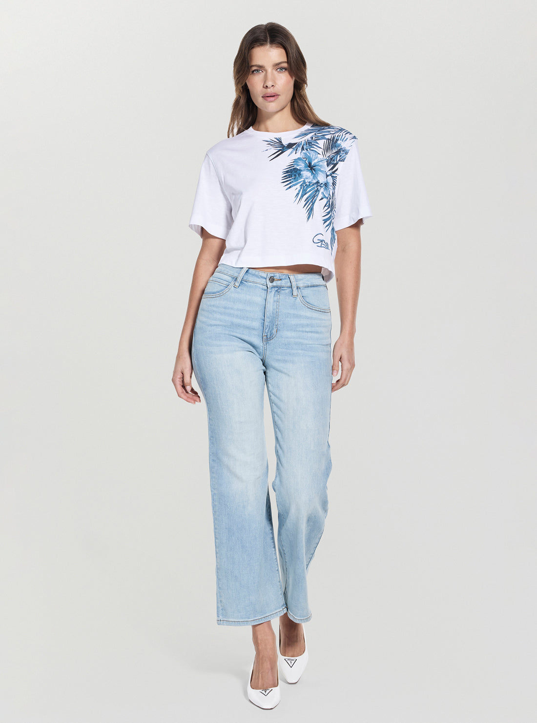 GUESS Womens Blue Palm Print Boxy Cropped T-Shirt W5GI19K6XN4 Full View